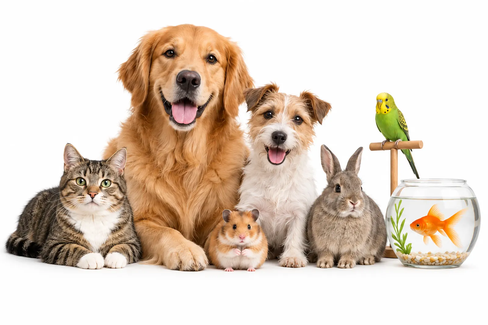 A golden retriever, terrier, tabby cat, rabbit and hamster, with a budgie on a perch and a goldfish in a round bowl.